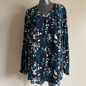 Women's Size 20W Blue Floral Career Tunic Blouse Top Semi Sheer Button Shirt